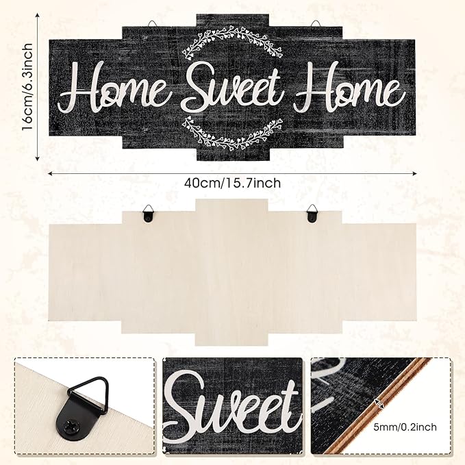 Jetec Home Sweet Home Sign, Rustic Wood Room Wall Decor, Farmhouse Plaque Wall Hanging Wooden Sign for Bedroom, Living Room, Wedding Decor(Black)