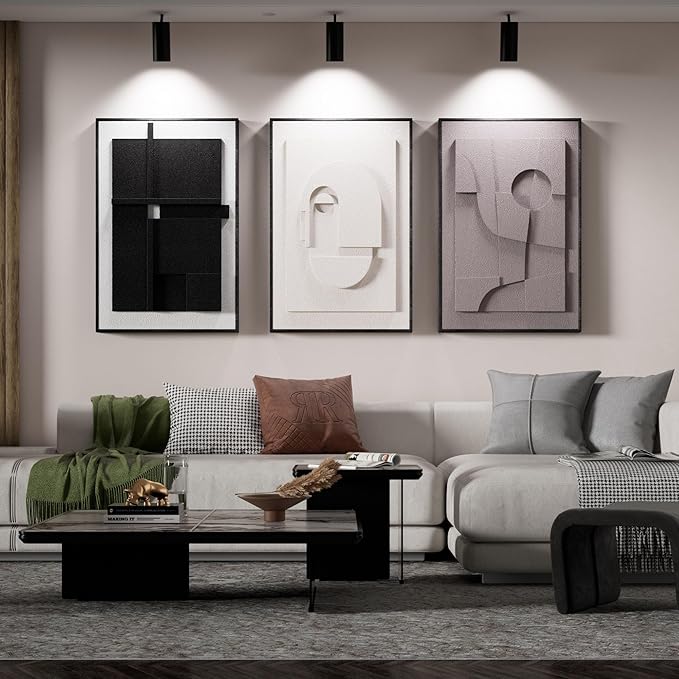 3D Textured Abstract Wall Art for Bedroom, 3 Piece Modern Neutral Framed Sculpture Artwork, Minimalist Earth Tone Geometric Cubist Paintings for Home Dining Diningroom, 16x24 Inch