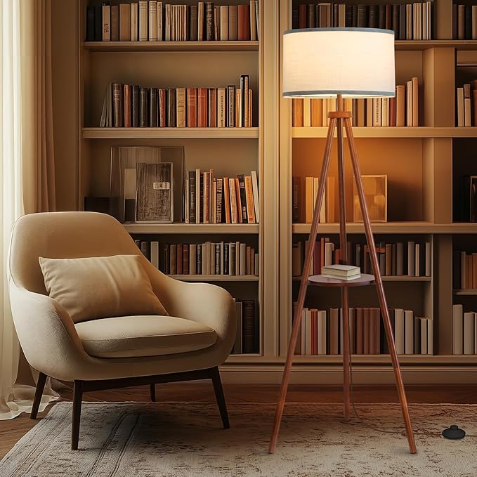 EOEYYOYB Floor Lamps for Living Room, Modern Standing Lamp with Shelf, 3 Color Temperature Led Bulb Tall Lamps with Foot Switch for Bedroom and Office, Walnut