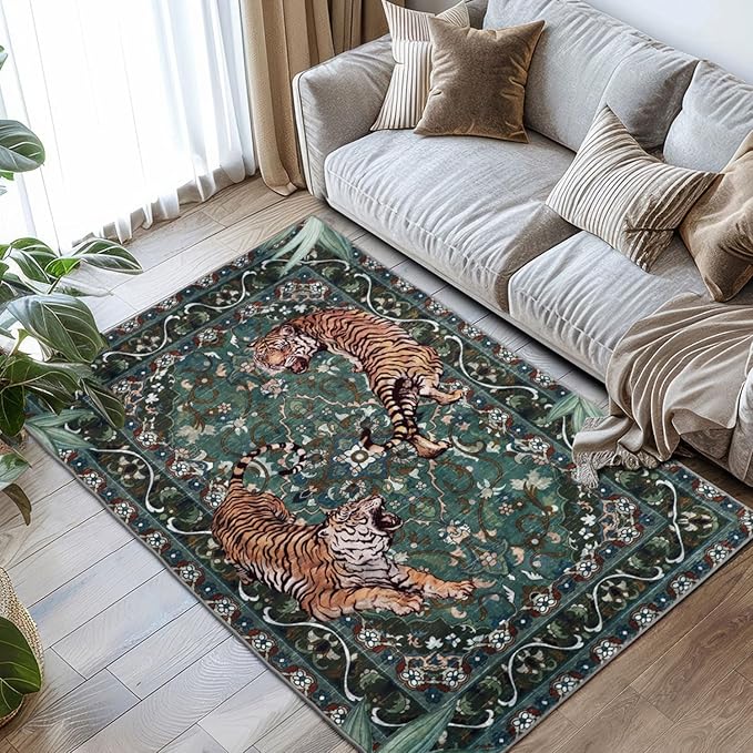 Tiger Washable Rugs 3x5ft, Green Entryway Jungle Rugs Non Slip, Soft Botanical Area Carpets for Bedroom, Low Pile Accent Floor Carpet for Kitchen Laundry Living Room Dorm Nursery Office