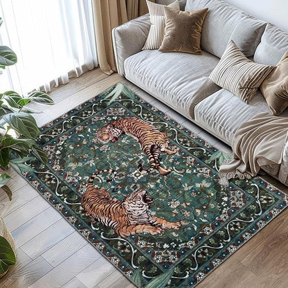 Tiger Washable Rugs 3x5ft, Green Entryway Jungle Rugs Non Slip, Soft Botanical Area Carpets for Bedroom, Low Pile Accent Floor Carpet for Kitchen Laundry Living Room Dorm Nursery Office