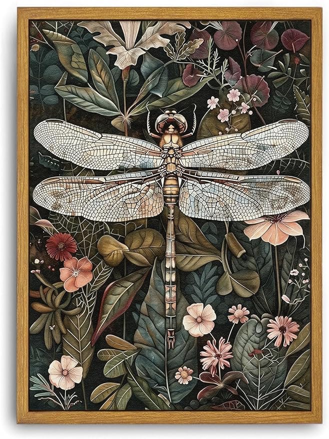 Framed Vintage Canvas Wall Art Dark Green Dragonfly Flower Pictures Wall Decor Boho Floral Botanical Prints Nature Artwork Paintings for Living Room Bedroom Bathroom 16x24in