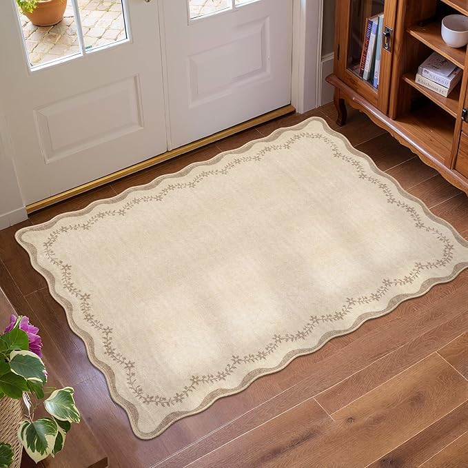 GarveeHome Scalloped Entryway Rug, 2x3 Solid Jute Washable Front Door Rug Indoor Entrance Floral Carpet Non-Slip Low Pile Throw Rugs for Kitchen Floor, Powder Room, Entry, Bathroom, Kids Room
