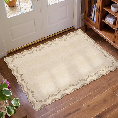 GarveeHome Scalloped Entryway Rug, 2x3 Solid Jute Washable Front Door Rug Indoor Entrance Floral Carpet Non-Slip Low Pile Throw Rugs for Kitchen Floor, Powder Room, Entry, Bathroom, Kids Room
