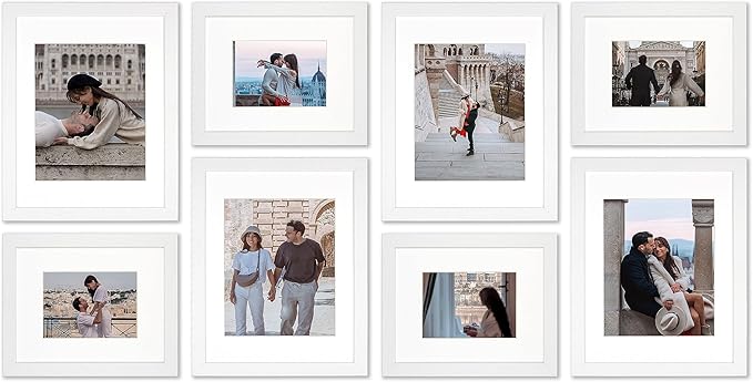 VELISTA 8 Piece Large Rectangle Gallery Wall Frame Set - Photo Frame Set with Mat 5x7 and 8x10 in - Picture Frame Set for Wall Collage made of Engineered Wood –Assorted Picture Frames (White)