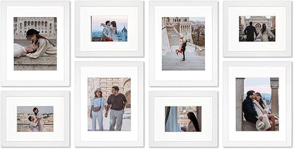 VELISTA 8 Piece Large Rectangle Gallery Wall Frame Set - Photo Frame Set with Mat 5x7 and 8x10 in - Picture Frame Set for Wall Collage made of Engineered Wood –Assorted Picture Frames (White)