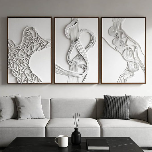 Thalasse 3D Abstract Canvas Wall Art Triptych, Neutral Textured Relief Wall Decor for Living Room, Minimalist Sandstone Sculpted Art Set of 3 with Walnut Wood Frame, 24" x 36" Each Panel