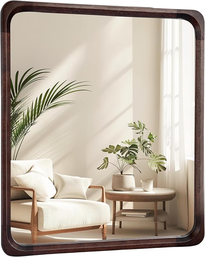 Tanmicoshomy Wood Bathroom Mirror 30 x 36 Inch, Solid Wood Framed Rectangle Mirrors with Tempered Glass for Living Room Bedroom or Entryway(Dark Brown)