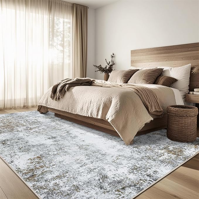 8x10 Area Rug Living Room Rugs - Washable Rug Large Modern Abstract Soft Thin Carpets Indoor Floor No Slip Vintage Carpet for Bedroom Under Dining Table Nursery Home Office Decor Gray Brown