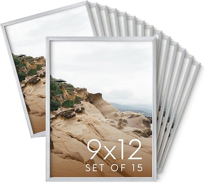 HAUS AND HUES 9x12 Silver Metal Picture Frames - Features Premium Aluminum, Vertical & Horizontal Hang, Shatterproof Plexiglass - Perfect for Home, Room, Office (9x12 in, Silver, Set of 15)