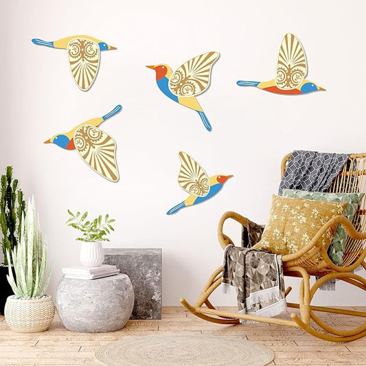 KOYILTD 5 Piece Bird Wood Wall Sculptures Wooden Wall Art Decor Scandinavian Home Decorations Flying Bird Wall Decor Farmhouse Wall Art for Home Living Room Bathroom Dining Room (Multicolor)
