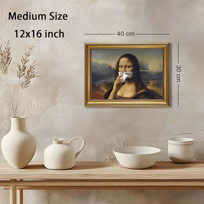 YD&YZY Gold Framed Funny Bathroom Wall Art Mona Lisa Humor Amusing Toilet Art Pinching Nose Wall Decor Vintage Unique Art Painting Picture Print Whimsical Artwork Bathroom Restroom 12x16 inch Framed