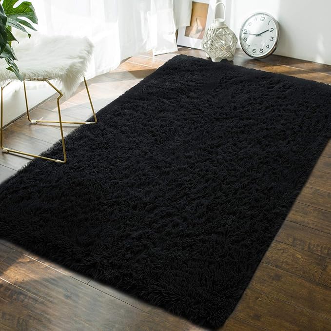 Andecor Soft Fluffy Bedroom Rugs, 3 x 5 Feet Indoor Shaggy Plush Area Rug for Boys Girls Kids Baby College Dorm Living Room Home Decor Floor Carpet, Black