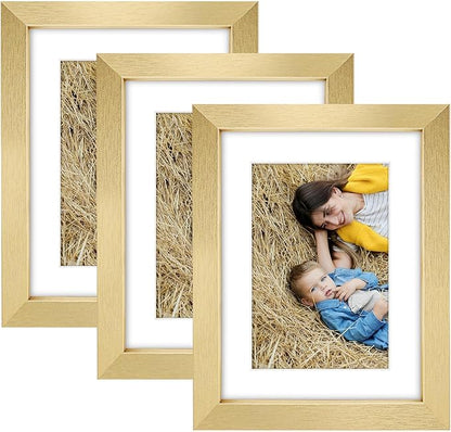 Golden State Art, 6x8 Picture Frame Set of 3 - Matted to 4x6 Photo - Engineered Wood Gallery Frame Set - Wall Mounting or Tabletop Display (Gold, 3 Pack)