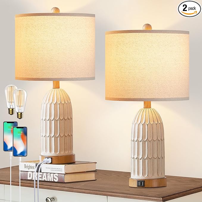 Cinkeda Boho Table Lamps Set of 2, Farmhouse 3-Way Dimmable Touch Nightstand Lamp with 2 USB Charging Ports, White Vintage Bedside Lamp for Bedroom Living Room End Table (Bulbs Included)