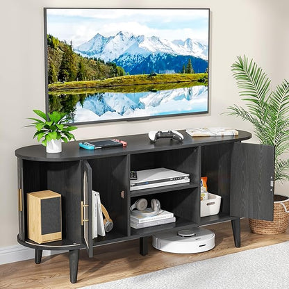 51" Fluted TV Stand, Mid-Century Modern Entertainment Center for Tvs up to 60" with Drawers and Fluted Doors, Curved TV Media Console Table with Sliding Doors for Living Room, Bedroom (51" Black)