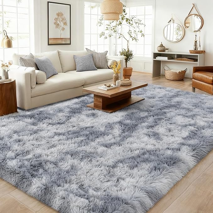 Area Rugs 9x12 Living Room, Ultra Soft Shaggy Fluffy Rug for Bedroom, Upgrade Non-Slip Fuzzy High Pile Plush Large Rugs for Nursery Boys Girls Kids Room Modern Indoor Home Decor, Tie-Dye Silver Grey