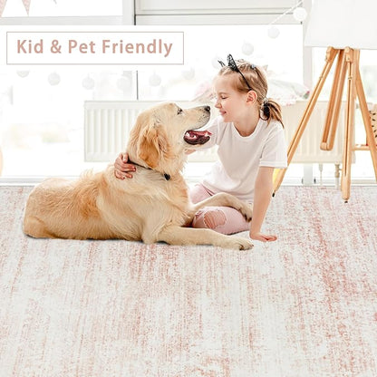 Srugn Washable Rugs 4x6 Area Rugs for Living Room,Bedroom,Kids Room,Nursery- Soft Faux Wool Small Carpets,Non Slip&Non-Shedding Low Pile Vintage Print Rugs for Enterway,Home Office Decor-Pink White