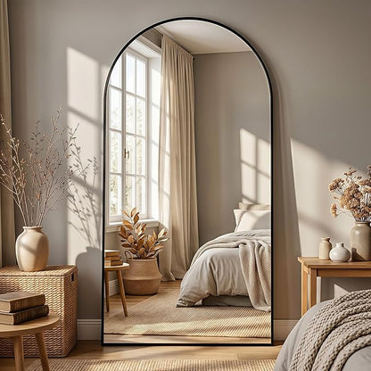 Full Length Mirror, 78"x38" Arched Floor Mirror Freestanding, Floor Standing Full Body Mirror with Stand for Bedroom, Hanging Mounted for Living Room Cloakroom, Black
