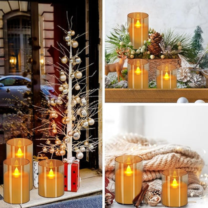 wemarry Flameless Candles 4" 5" 6" Acrylic Glass Pillars 3" Diameter Battery Operated Flickering Candles Include 8-Key Remote with Timer Function 400+ Hours (Gray, Warm Light 12 Pack)