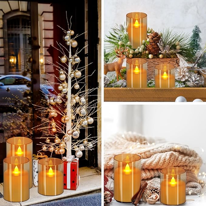 wemarry Flameless Candles 4" 5" 6" Acrylic Glass Pillars 3" Diameter Battery Operated Flickering Candles Include 8-Key Remote with Timer Function 400+ Hours (Amber, Warm Light 12 Pack)