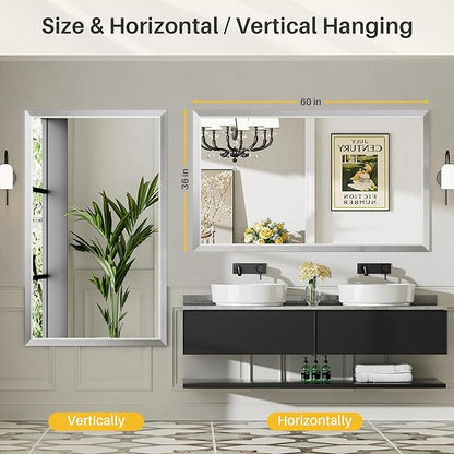 60x36 Inch Brushed Silver Bathroom Mirror for Wall, Thick Metal Framed Rectangle Mirrors for Over Sink, Bedroom, Living Room, Entryway, Anti-Rust, HD Tempered Glass