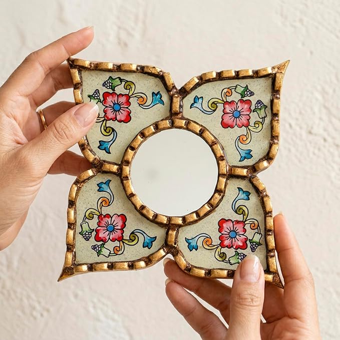 Small Peruvian Mirror, Handmade Artisan Mirror Wall Decor, Reverse Painted Glass Diamond Shape Mirrors 8.26" (Beige)