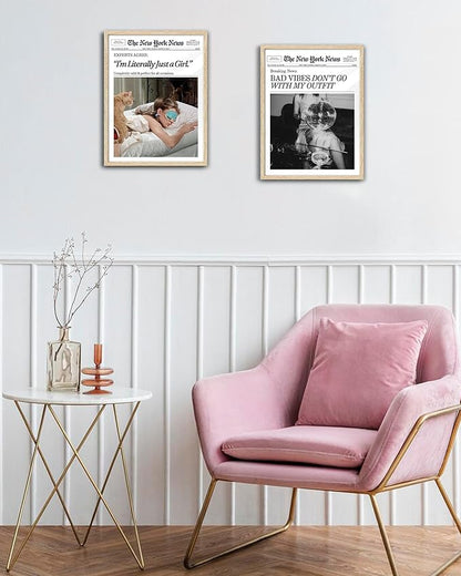 EcoHest Small Trendy Newspaper Magazine Framed Wall Art, 8x10 in OAK Wood Bad Vibes Don't Go With My Outfit Disco Bar Canvas Wall Art, Preppy Retro Home Decor For Bedroom Living Room 1Pack