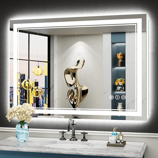 44x32 LED Bathroom Mirror with Lights, Backlit and Front Lit Anti-Fog Lighted Vanity Mirrors for Bathroom Wall, Dimmable, 3-Color Light, Memory, Shatter-Proof, HD Tempered Glass, CRI＞90