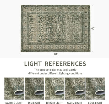 Vintage Washable Area Rug for Living Room,Low Pile 6x9 Non Slip Carpet Non-Shedding Area Rug Soft Indoor Stain Resistant Rug Floral Print Mat for Bedroom Dining Room Green
