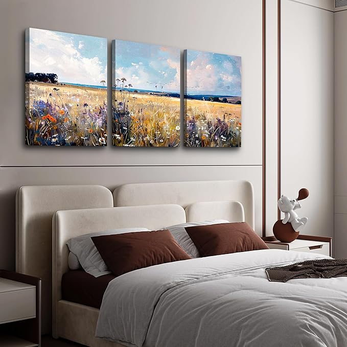 TTHYUEWS Wall Art For Bedroom Canvas Wall Decor For Living Room Field Scenery Wall Paintings Abstract Pictures Office Decorations Framed Prints Artworks Modern Bathroom Room Home Decor 3 Piece