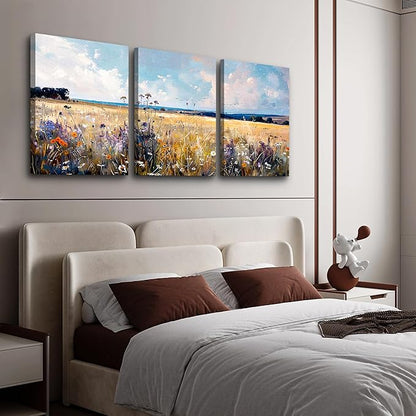 TTHYUEWS Large Wall Art for Living Room Canvas Decor for Bedroom Office - Modern Home Field Scenery Paintings Abstract Pictures Framed Prints Posters Artworks 3 Piece