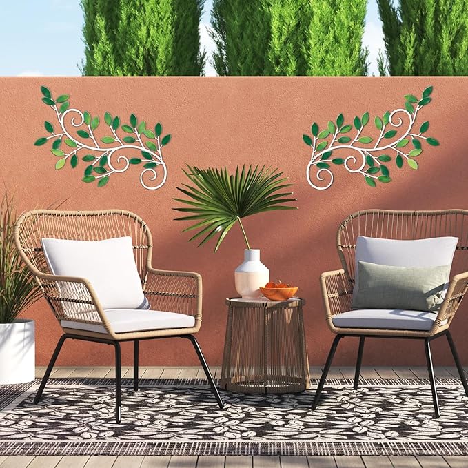 ESTART 2 Pieces Metal Tree Leaf Wall Decor Vine Olive Branch Leaf Wall Art Ornament Wall Hanging Sign for above Door, Living Room, Office, Indoor and Outdoor Decoration (Green)
