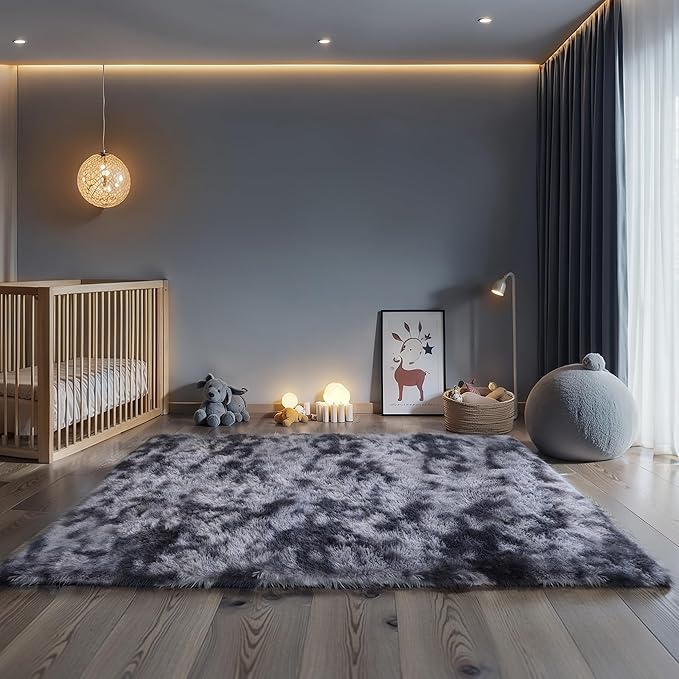 KICHOWUA 5x8 Dark Grey Fluffy Shag Rug for Bedroom, Ultra Soft Plush Fuzzy Washable Non Slip Floor Carpet for Living Room, Modern Comfy Shaggy Large Area Rug for Kids Baby Nursery Dorm, Tie-Dye Gray
