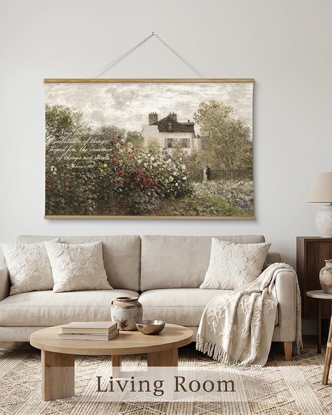InSimSea 36x54 Extra Large Canvas Scroll Wall Art, Faith in Garden Bible Verse Religious Decor, Inspirational Pastoral Rose Bush Oil Painting for Living Room, Prayer Room, Church
