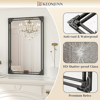 Keonjinn Vintage Mirror for Wall, 20" x 30" Antique Rectangular Black Mirrors with Metal Frame, Baroque Style Decoration for Mantle, Bathroom, Living Room, Fireplace, Bedroom, HD Shatterproof Glass