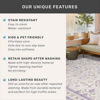 5x7 Light Purple Area Rug for Girls Bedroom, Living Room, Nursery, Non Slip Washable Area Rugs, Lavender and Cream with Green Accent, Low Pile Foldable Carpet