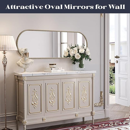 Champagne Bronze Bathroom Mirror with Beaded, 16"x48" Oval Full Length Mirror for Wall Decorated, Gold Vintage Bead Mirrors with Brass Frame for Bedroom,Living Room,Hallway,Fireplace