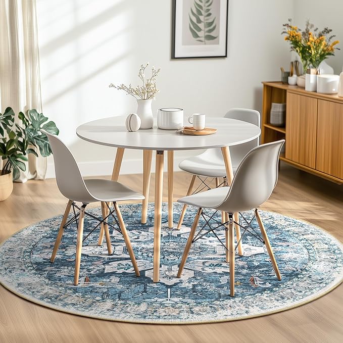 BESTSWEETIE 8ft Area Rug Washable Rugs for Living Room, No Pile Boho Carpet for Entryway Bedroom Dinning Room, Vintage Carpet Print Distressed Non-Slip, 96" Round, Blue Navy