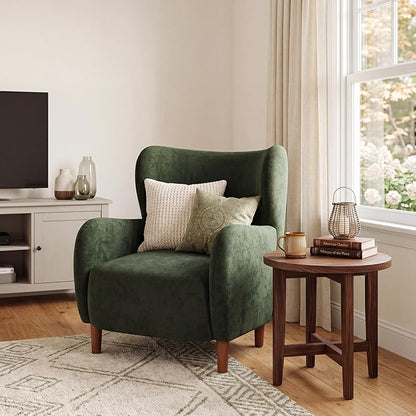 Christopher Knight Home Dolly Velvet Wingback Club Chair, Bedroom Comfy Reading Chair, Low Profile Accent Chair, Solid Wood Frame, Olive Green+Teak