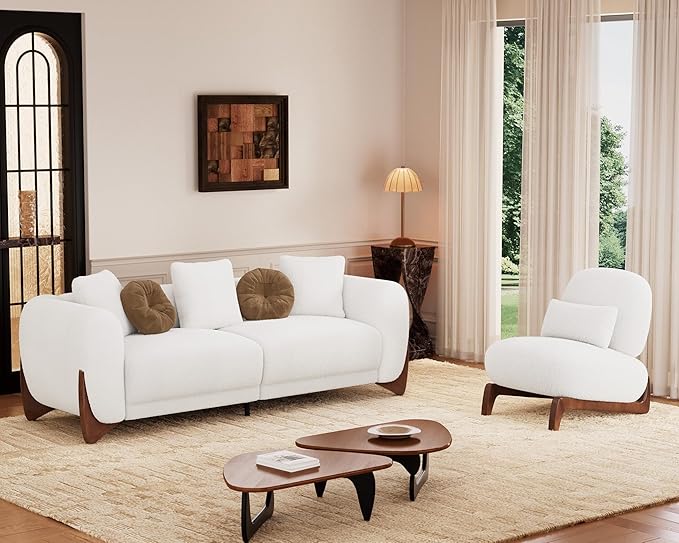 Morden Fort 2 Piece Cloud Couch Set, Modern Sherpa Boucle Sofa Set with Wood Legs, Skin-Friendly Minimalist Upholstered Comfy Couch Sofas for Living Room, 3-Seater Sofa & Tilt Back Chair, Off White