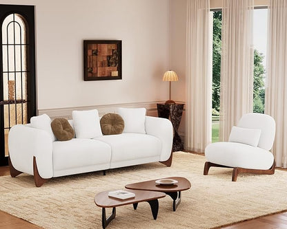 Morden Fort 2 Piece Cloud Couch Set, Modern Sherpa Boucle Sofa Set with Wood Legs, Skin-Friendly Minimalist Upholstered Comfy Couch Sofas for Living Room, 3-Seater Sofa & Tilt Back Chair, Off White