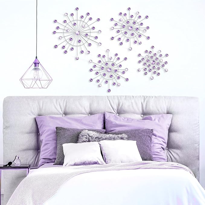 Blulu 4 Pcs Metal Wall Decor Bling Crystal Wall Art Cast Iron Rhinestones Sunburst Decor Starburst Art Hanging Diamond Accents Decorative for Living Room Bedroom Entryway (Purple)