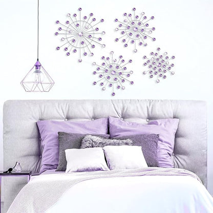 Blulu 4 Pcs Metal Wall Decor Bling Crystal Wall Art Cast Iron Rhinestones Sunburst Decor Starburst Art Hanging Diamond Accents Decorative for Living Room Bedroom Entryway (Purple)