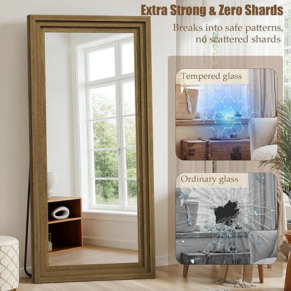 Full Length Mirror 71"x30", Large Solid Wood Frame Floor Mirror, Leaning Floor Mirror, Stable Frame, Shatterproof Glass, Modern Classic Style for Bedroom, Living Room, Entryway