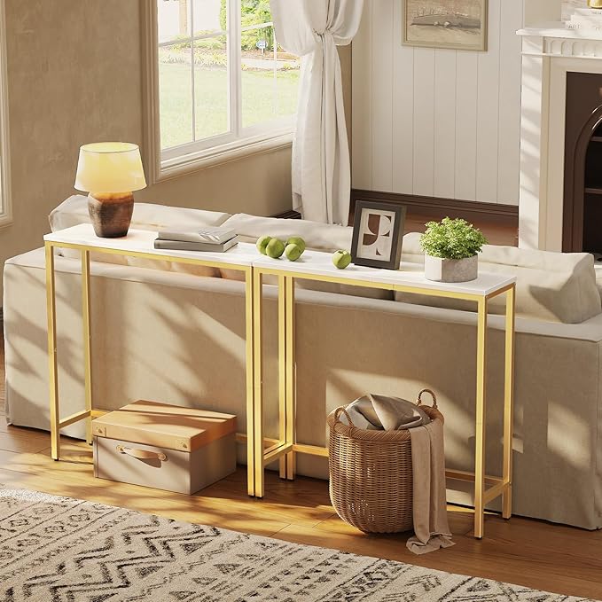 HOOBRO Narrow Console Table, 29.5" Small Entryway Table, Thin Sofa Table, Side Table, Display Table, for Hallway, Bedroom, Living Room, Foyer, White and Gold DW75XG01