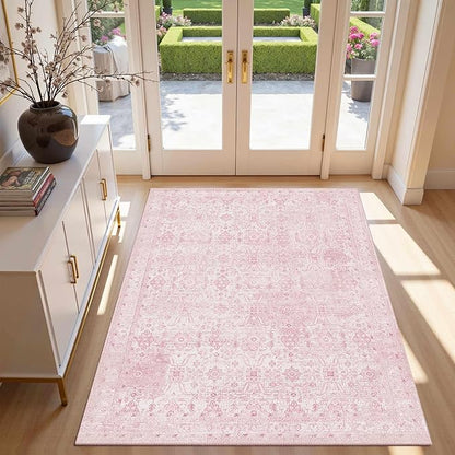 Rugxara 3x5 Rug for Entryway Bedroom, Pink 3x5 Washable Area Rug, Vintage Retro Boho Throw Rug, Non Slip & Low Pile Small Carpet for Indoor Entry, Kitchen, Bedside, Living Room, Bathroom and Dining