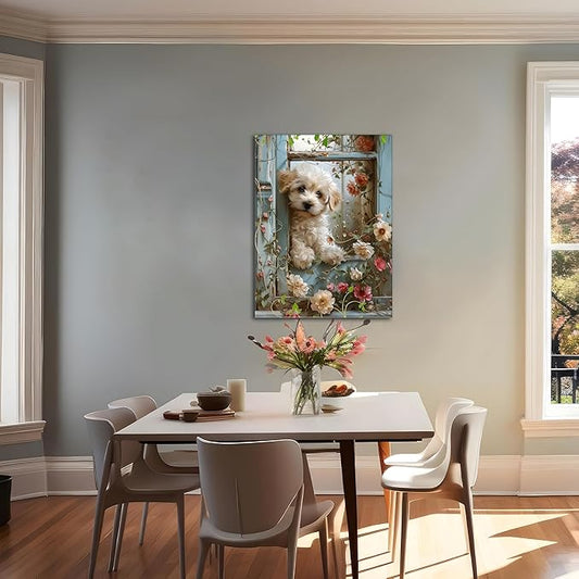 Framed Poodle Canvas Wall Art, Funny Teddy Dog Poster Print, Abstract Dog Standing Among Flowers Painting Wall Decor for Dormitory Restroom Bedroom Kids Room Decor 16x24 inch