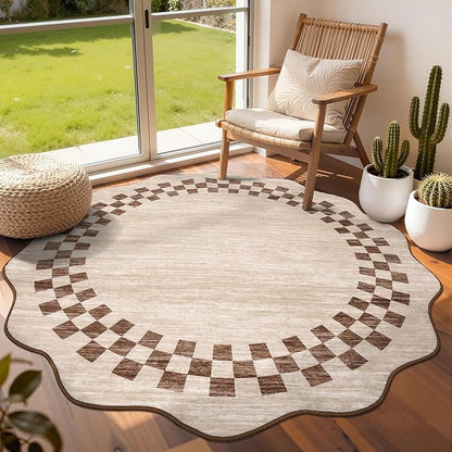6ft Washable Round Rug for Entryway Modern Checkered Bedroom Circle Rug Non Slip Soft Dining Room Round Throw Carpet Large Stain Resistant Border Round Rugs for Living Room Kitchen Bathroom, Beige