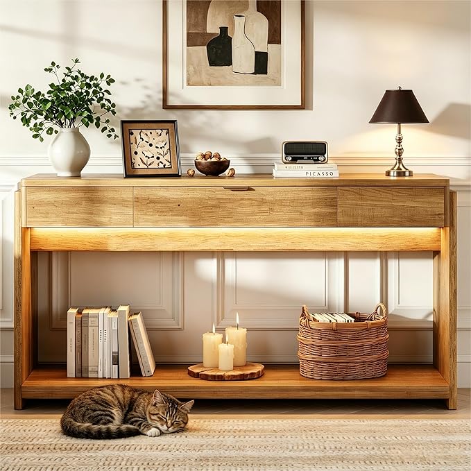 Feonase 71" Long Console Table with Drawer and LED, Wooden Farmhouse Sofa Table Behind Couch, Modern Entryway Table for Living Room, Hallway, Entrance, Foyer, Oak Brown